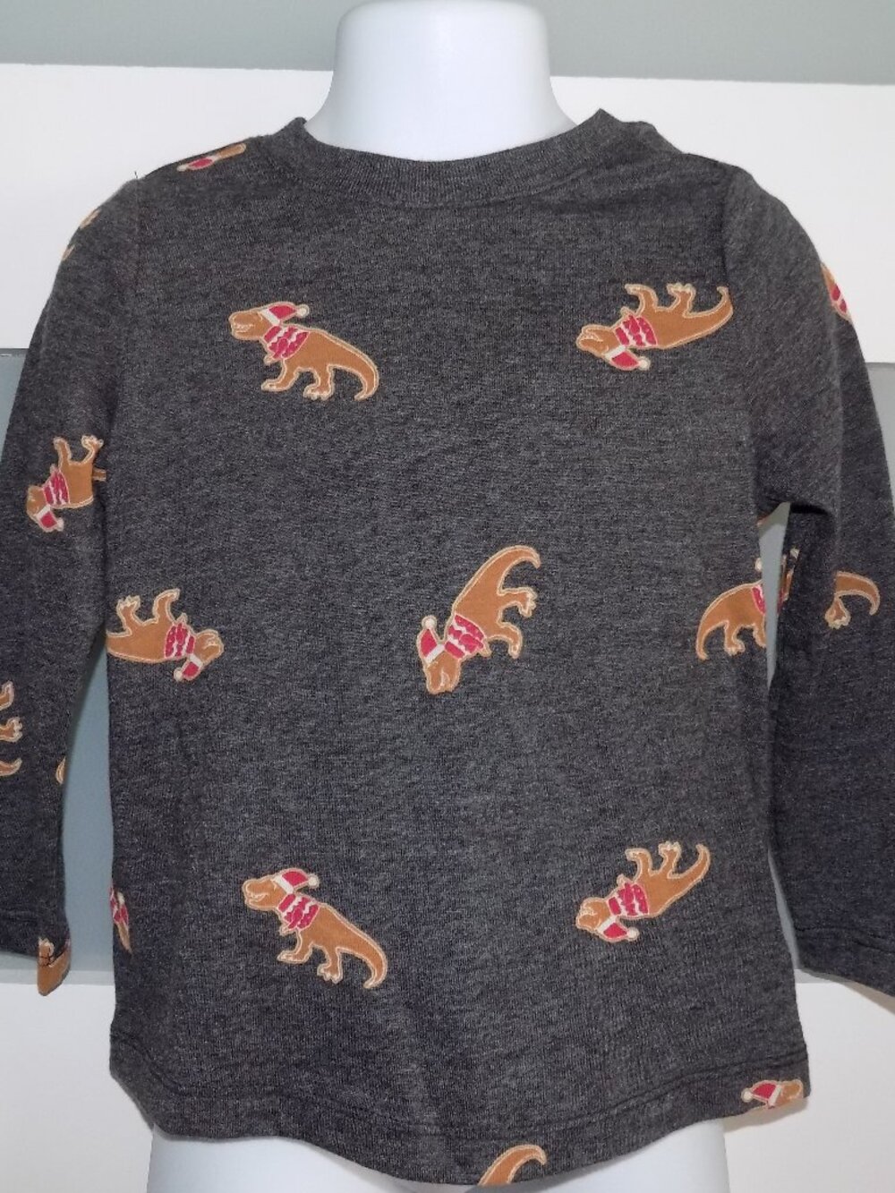 Old Navy Tyrannosaurus T-Rex Christmas Santa Gray LS Shirt Size 2T Boy's NEW